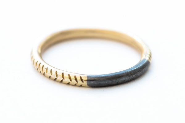 14k textured yellow gold ring with oxidized sterling silver top